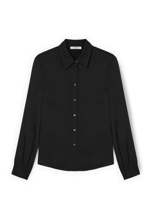 Camicia nera a maniche lunghe con bottoni, colletto appuntito e maniche con polsini, mostrata distesa su uno sfondo bianco.