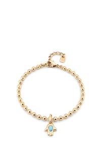 Pulsera de cuentas doradas con un charm de mano acentuado en turquesa y cierre de langosta. Cadena ajustable para variaciones de tamaño.