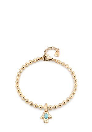 Pulsera de cuentas doradas con un charm de mano acentuado en turquesa y cierre de langosta. Cadena ajustable para variaciones de tamaño.
