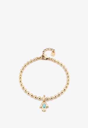 Pulsera de cuentas doradas con un charm de mano acentuado en turquesa y cierre de langosta. Cadena ajustable para variaciones de tamaño.