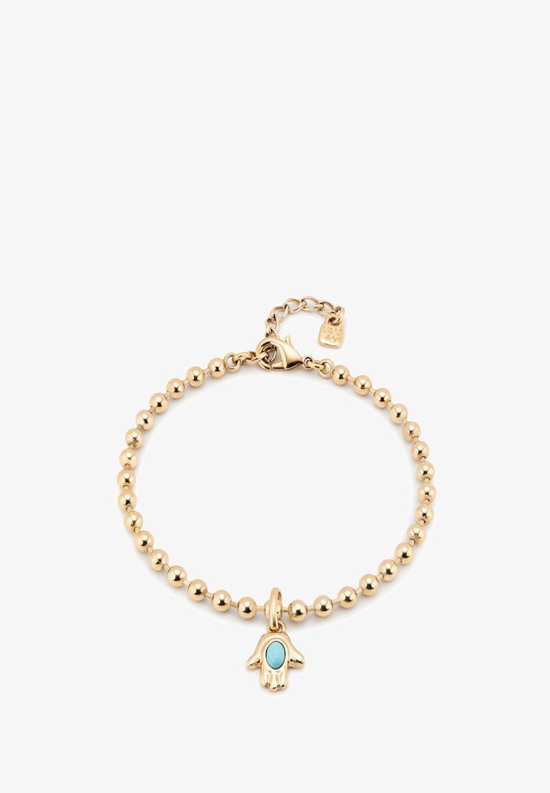 Pulsera de cuentas doradas con un charm de mano acentuado en turquesa y cierre de langosta. Cadena ajustable para variaciones de tamaño.