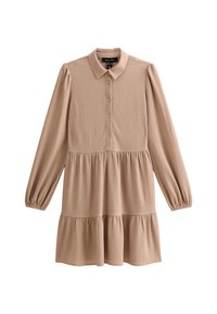 Long-sleeve, collared dress in light beige, featuring a button front, textured fabric, and tiered hem with subtle gathering for a relaxed fit.