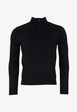 Pull noir en laine avec col montant, manches longues et fermeture éclair sur le devant. Fabriqué dans un tissu lisse, avec des poignets et un ourlet côtelés.