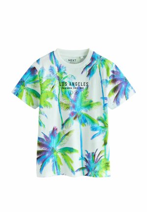 Weißes Baumwoll-T-Shirt mit einem lebendigen tropischen Palmenmuster in Grün und Blau sowie dem Schriftzug "LOS ANGELES CALIFORNIA SEIT 1982".
