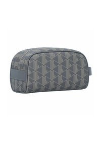 Borsa da toilette sintetica grigia con motivo geometrico beige chiaro, forma rettangolare, chiusura con cerniera e manico laterale per un facile trasporto.