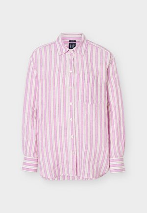Πουκάμισο μακρυμάνικο με ύφασμα με κάθετες ροζ, λευκές και μπεζ ρίγες, γιακά, τσέπη στο στήθος και κουμπωτά μανίκια.