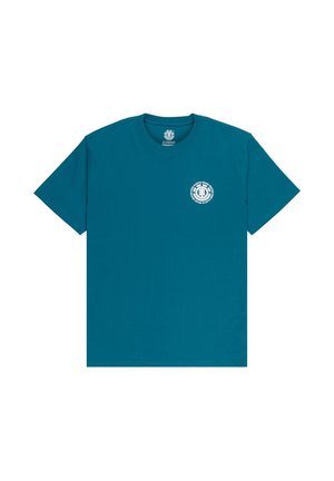 Teal short-sleeve crewneck t-shirt with small white circular logo on left chest reading "Earth Wind Water Fire."
