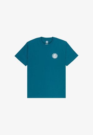 Teal short-sleeve crewneck t-shirt with small white circular logo on left chest reading "Earth Wind Water Fire."
