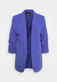 Fialový blejzr s šálovým límcem a vyhrnutými rukávy, vystavený na bílém pozadí, ukazuje svůj elegantní design s otevřeným předním dílem.