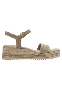 Béžové espadrilky s texturovaným textilním svrškem, nastavitelným nártem a pletenou jutovou střední podešví. Obsahují platformu a gumovou podrážku.