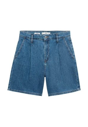 Denimske kratke hlače v srednje modri barvi, ki vključujejo klasičen dizajn s sprednjim gumbom, naborki in diagonalnimi stranskimi žepi.