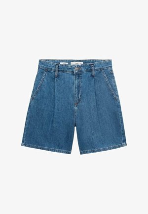 Jeansshorts in middelblauw, met een klassiek ontwerp, voorzien van een knoopsluiting aan de voorkant, plooien en schuine zijzakken.