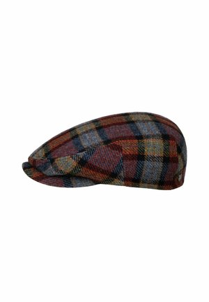Wool flat cap featuring a multi-colored check pattern in red, gray, and gold, with a curved brim and stitched detailing on the side.