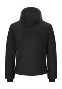 Sort isoleret jakke med hætte, der har en glat overflade og ribbede manchetter. Bagsiden har en lige skæring med minimal syninger.