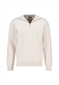 Pullover sweater in light beige, featuring a high collar and half zip. Made from soft fabric with ribbed cuffs and hem. Simple design.