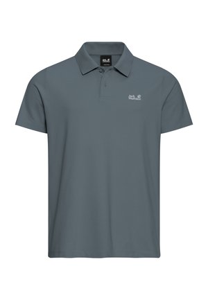 Graues Poloshirt aus weichem, atmungsaktivem Stoff. Verfügt über einen klassischen Kragen, kurze Ärmel und ein kleines Logo auf der linken Brust.
