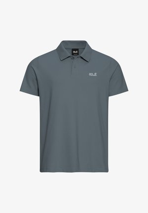 Graues Poloshirt aus weichem, atmungsaktivem Stoff. Verfügt über einen klassischen Kragen, kurze Ärmel und ein kleines Logo auf der linken Brust.