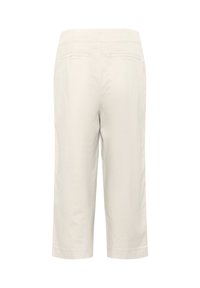 Ljusbeige cropped byxor med en slät yta, med två bakfickor och rak bendesign. Minimalistisk stil utan utsmyckningar.