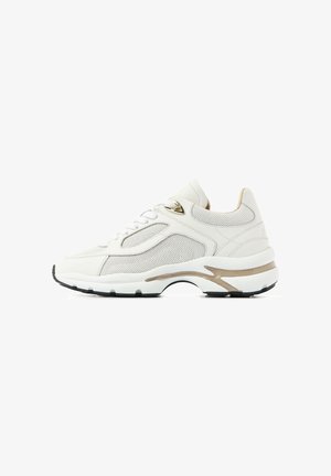 White athletic sneaker with mesh panels, lace-up closure, thick sole with brown accent, and a small gold triangular detail near laces.