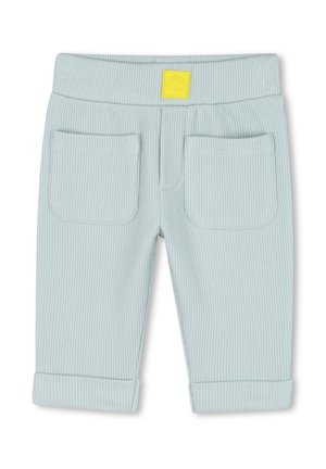 Hellblaue, gerippte Hose mit weicher Textur, mit einem gelben Logopatch, zwei Gesäßtaschen und umgeschlagenen Säumen.