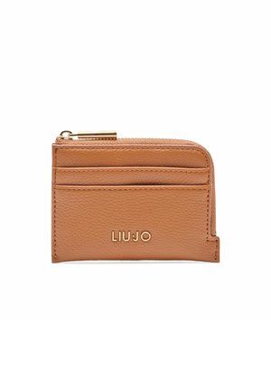 Brown leather wallet with a textured finish, featuring gold hardware and logo. Contains multiple card slots and a zippered compartment.
