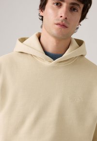Beige hoodie met een zachte textuur, voorzien van een subtiele logo op de borst en een relaxte pasvorm. Gezien tegen een neutrale achtergrond.