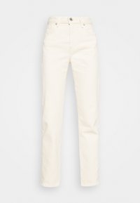Jeans blancos a rayas con un corte recto, fabricados en una mezcla de algodón. Cuentan con un cierre de botón y lazos para cinturón en la cintura.