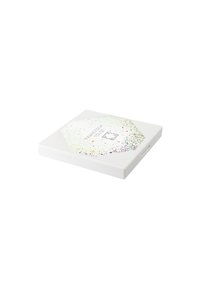 Compatto quadrato bianco con un design glitterato maculato in verde, rosa e oro su un lato. Presenta un logo geometrico al centro.