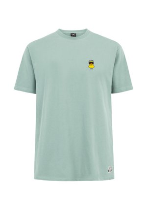 Hellgrünes T-Shirt mit kurzen Ärmeln, auf der linken Brust befindet sich eine kleine gelbe Quietscheente mit Sonnenbrille und der Aufschrift "Easy sunny days".