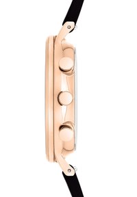 Rosengoldenes Metallarmbanduhr mit drei Chronographenknöpfen und einem polierten Gehäuse; verfügt über ein schwarzes Armband, das mit silbernen Beschlägen befestigt ist.