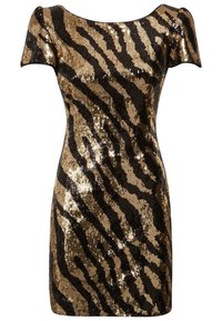 Strasskleid mit zebrastreifen Muster in Schwarz und Gold, ausgestattet mit einem Bootsausschnitt und kurzen Ärmeln, figurbetontem Design.