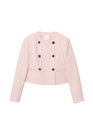 Svijetloružičasta kratka jakna s dugim rukavima i šest crnih gumba raspoređenih u dva okomita reda sprijeda.