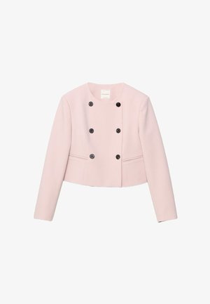 Svijetloružičasta kratka jakna s dugim rukavima i šest crnih gumba raspoređenih u dva okomita reda sprijeda.