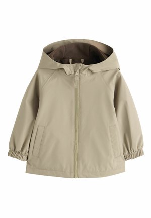 Beige Kapuzenjacke mit Frontreißverschluss, zwei Fronttaschen, elastischen Bündchen und dunklem Fleecefutter im Inneren der Kapuze und im oberen Innenbereich.