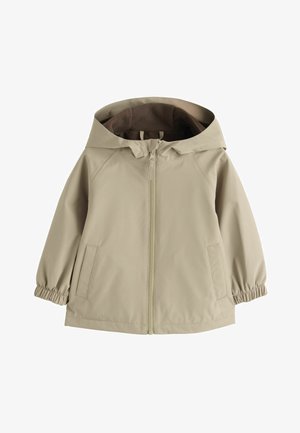 Beige Kapuzenjacke mit Frontreißverschluss, zwei Fronttaschen, elastischen Bündchen und dunklem Fleecefutter im Inneren der Kapuze und im oberen Innenbereich.