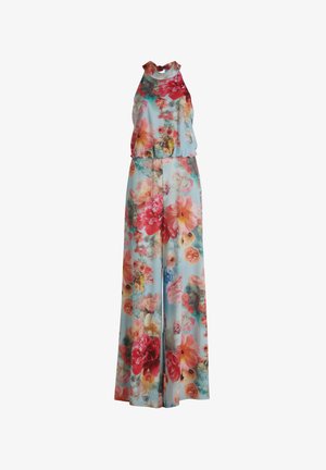 Kombinezon w kwiaty z jasnoniebieskim tłem oraz dużymi różowymi, czerwonymi i pomarańczowymi kwiatami. Bez rękawów, szerokie nogawki i dopasowana talia.