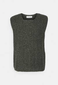 Ciemnoszary bezrękawnik wykonany z teksturowanej tkaniny z pionowymi prążkowanymi wzorami i okrągłym dekoltem. Prosty i elegancki design.