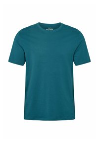 Preprosta turkizno modra majica s kratkimi rokavi in okrolim ovratnikom, običajnega kroja, prikazana na belem ozadju.