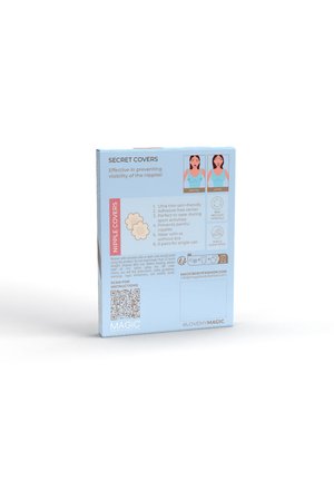 Blauwe verpakking voor tepelcovers met productvoordelen, gebruiksaanwijzingen en voor- en na illustraties die het dekkingseffect laten zien.