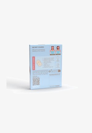 Blauwe verpakking voor tepelcovers met productvoordelen, gebruiksaanwijzingen en voor- en na illustraties die het dekkingseffect laten zien.