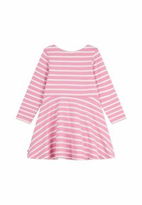 Rosa Langarmkleid mit weißen horizontalen Streifen, ausgestattet mit einem taillierten Oberteil und einem schwingenden Rock. Hergestellt aus weichem, dehnbarem Material.