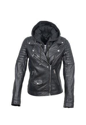 Zwarte leren motorjas met gewatteerde mouwen, asymmetrische rits, meerdere ritssluitingen en een aangehechte zwarte capuchon met trekkoorden.
