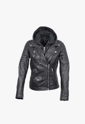 Zwarte leren motorjas met gewatteerde mouwen, asymmetrische rits, meerdere ritssluitingen en een aangehechte zwarte capuchon met trekkoorden.
