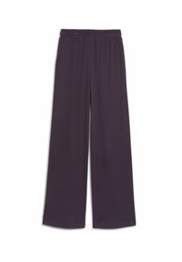 Donker paarse brede broek gemaakt van textuurstof, met een elastische tailleband voor comfort. Eenvoudig, onversierd ontwerp met rechte benen.