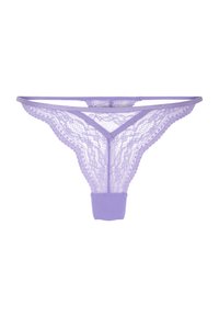 Lavender kantstring met bloemenpatronen, dunne tailleband en een stevige stofgrot in het midden onderaan.