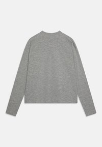 Maglietta a maniche lunghe grigio chiaro con scollo a girocollo, realizzata in tessuto morbido, caratterizzata da una texture liscia e un design leggermente accorciato.