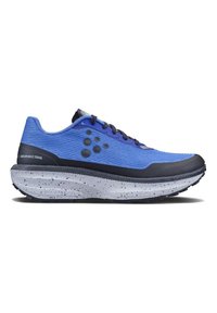 Blue running shoe with a textured upper, black accents, and a patterned white sole featuring blue speckles. Lightweight design for performance.