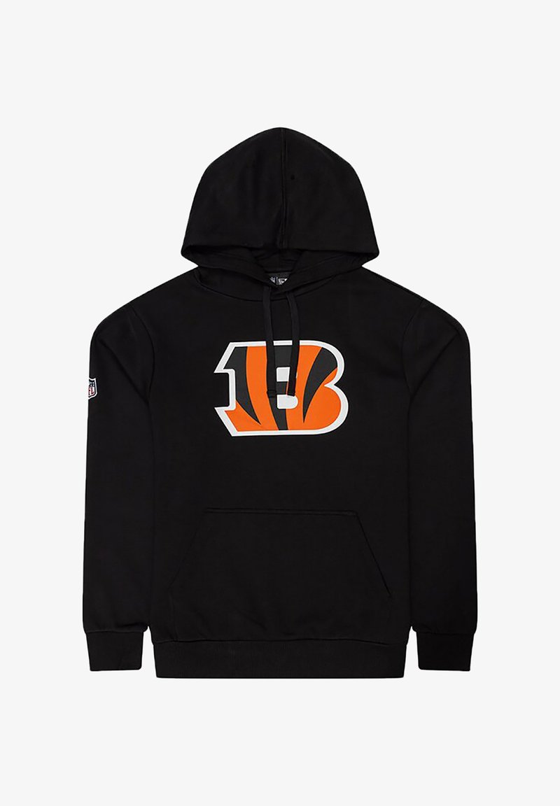 Schwarzer Hoodie mit einer vorderen Kängurutasche und einem orangefarbenen sowie grauen "B"-Logo. Hergestellt aus weichem Stoff mit einer Kapuze mit Kordelzug.
