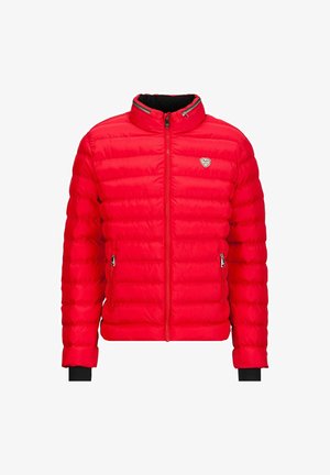 Red puffer jacket with a high collar, zippered front, and zippered side pockets. Features quilted sections and black knit cuffs.
