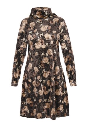 Rochie cu mânecă lungă dintr-o țesătură moale, maro închis, cu un model floral în bej și alb. Prezintă un guler înalt și o siluetă în linie A.